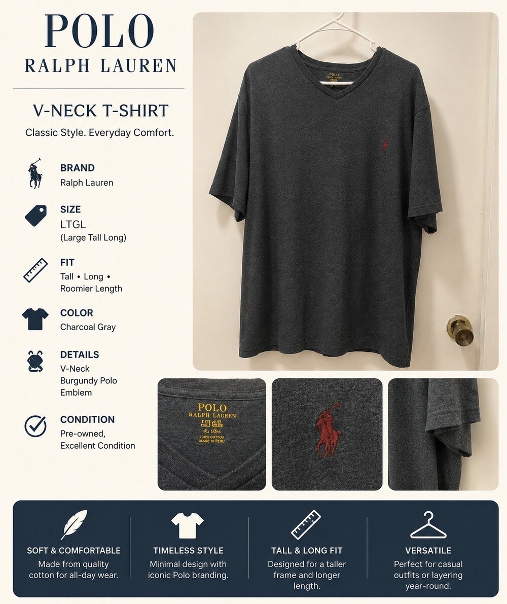 lo Ralph Lauren LTGL Tall Long Charcoal Gray V-Neck T-Shirt Burgundy Logo